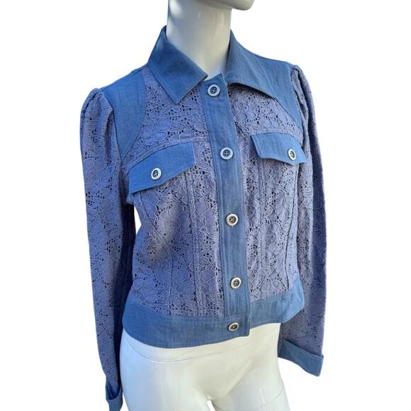 Insight New York Embroidered Lace Button Up Shirt Blue Women's Size 2 - Picture 1 of 8